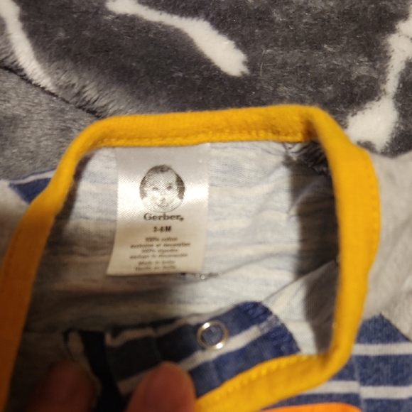 💀Gerber Striped Dinosaur Footie in Blue and Yellow - Picture 2 of 2